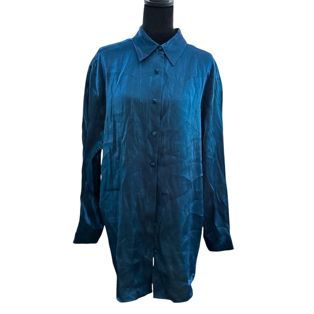 Karen Scott II Womens‎ 1X Teal Blue Shimmer Button Front Blouse Long Sleeve NWT